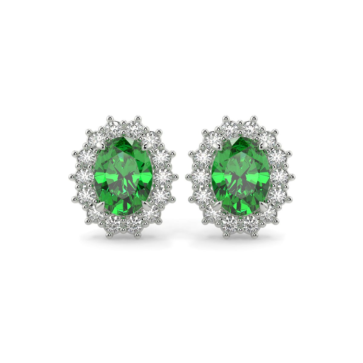 Emerald and Diamond Lady Diana Halo Earrings Platinum - CAMILLE