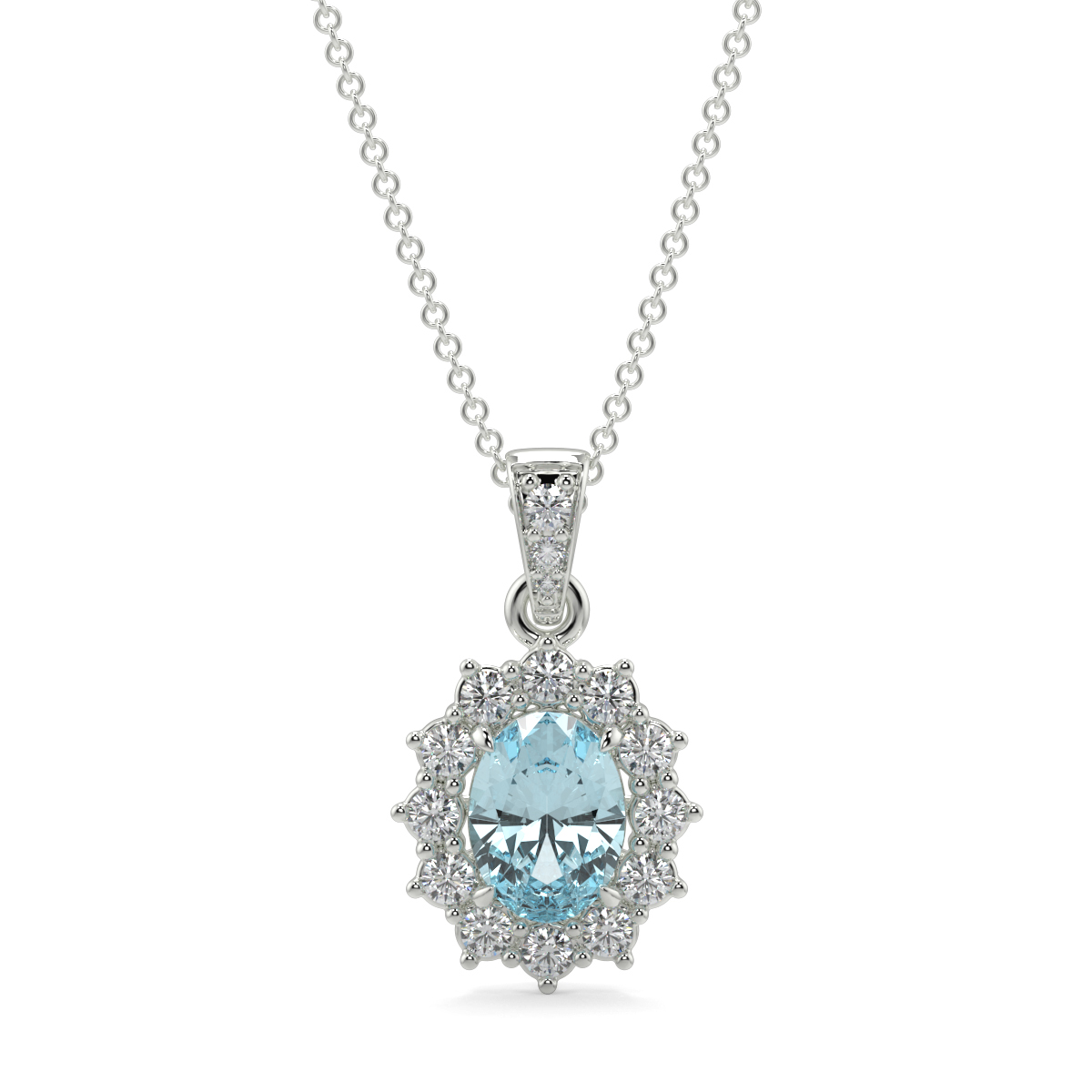 Aquamarine and Diamond Lady Diana Halo Pendant Platinum - CHRISSY