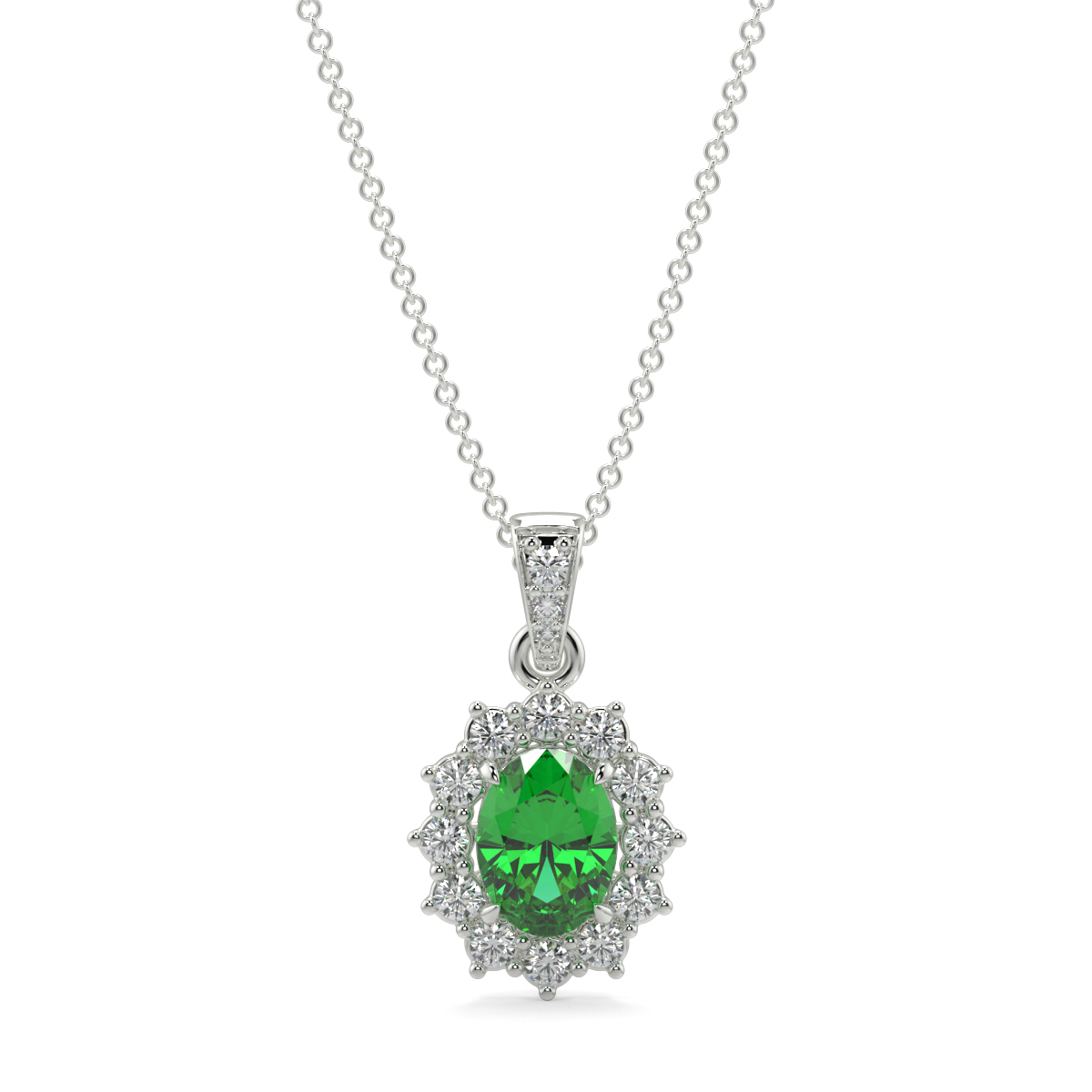 Emerald and Diamond Lady Diana Halo Pendant Platinum - ADRIENNE