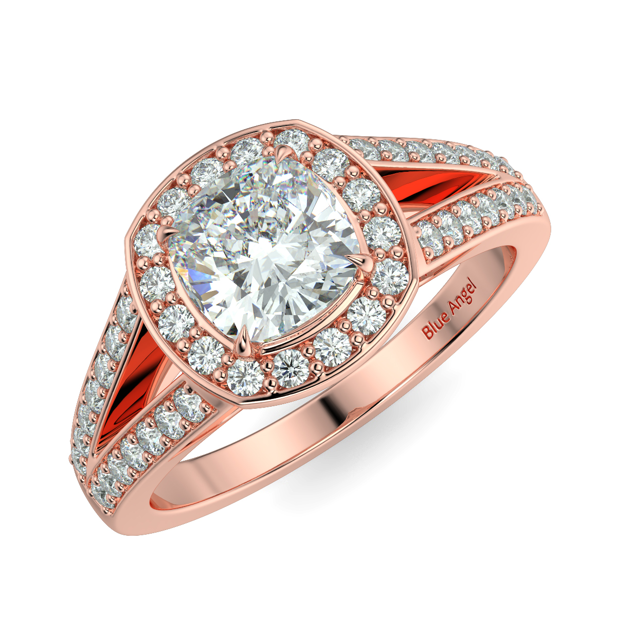 Split Shank Cushion Diamond Halo Engagement Ring