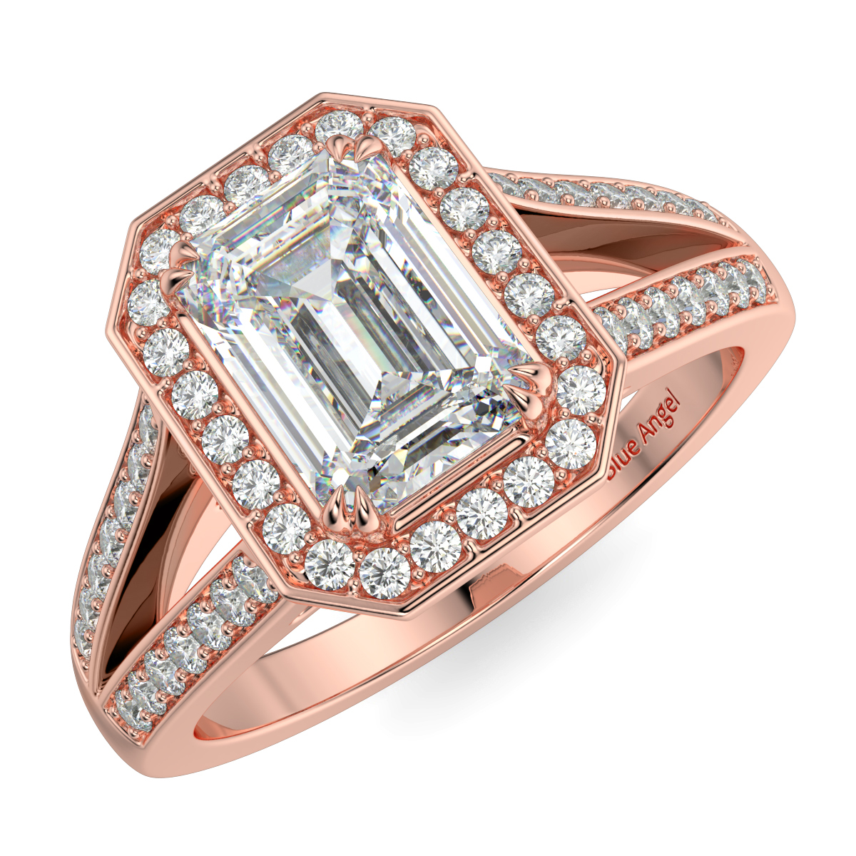 Split Shank Emerald Diamond Halo Engagement Ring