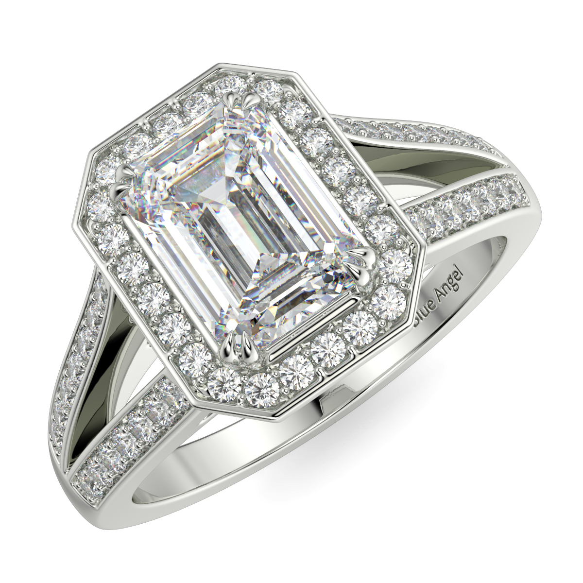 Split Shank Emerald Diamond Halo Engagement Ring