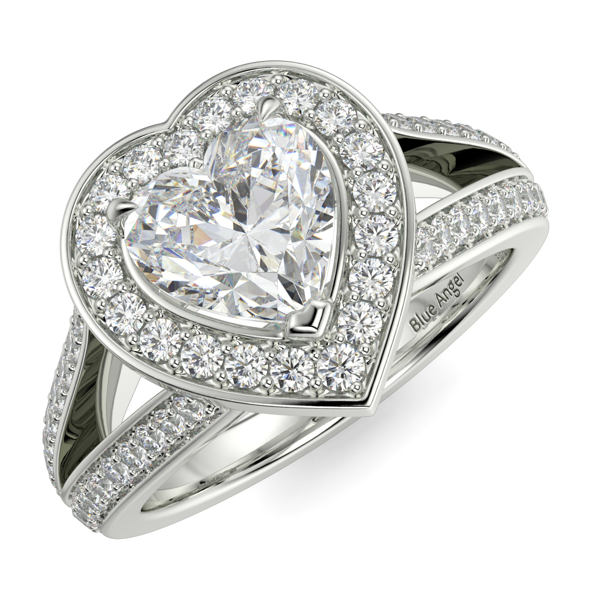 Split Shank Heart Diamond Halo Engagement Ring