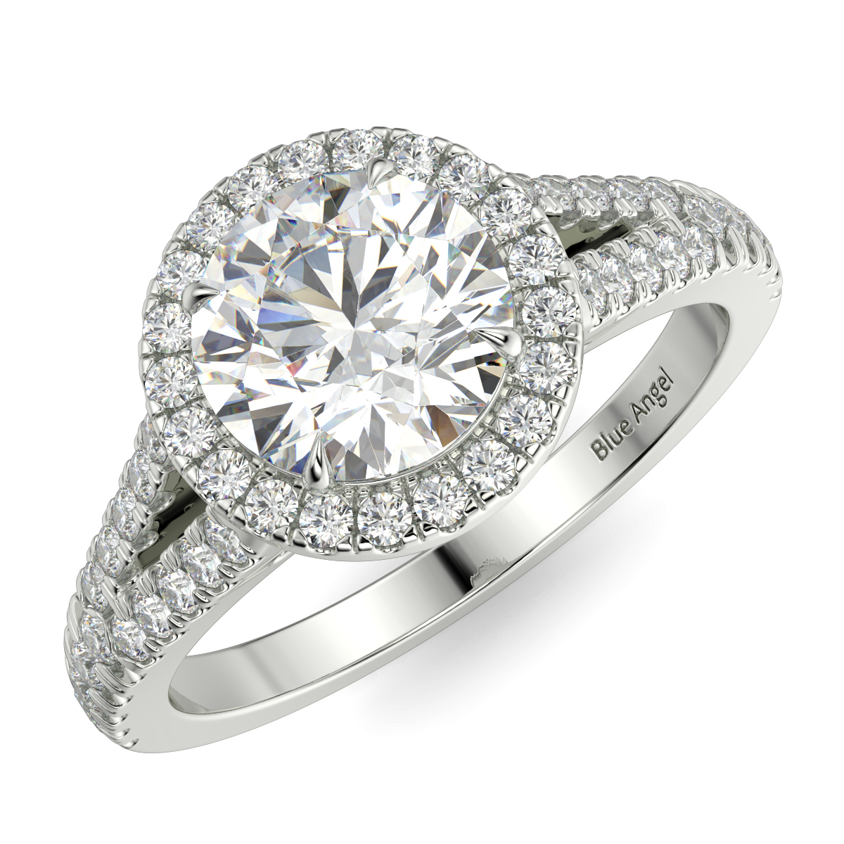 Round Diamond Split Shank Halo Engagement Ring